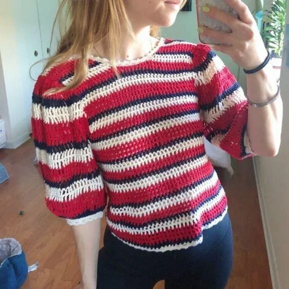 Ulla Johnson Amata Puff Sleeve Striped Sweater Red XSP - Picture 6 of 8